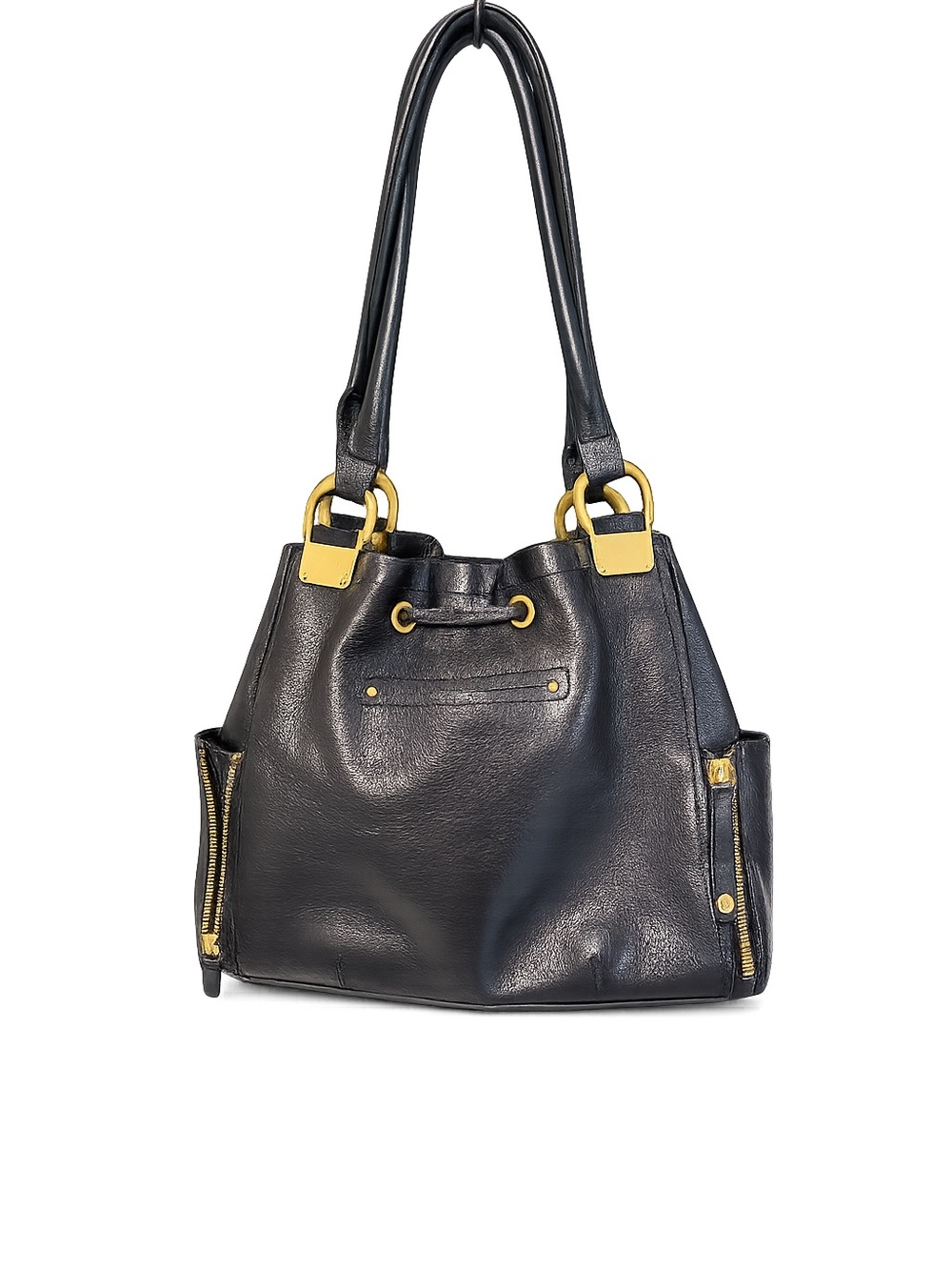 Pelle Studio Black Leather Messenger Bag with Gold Hardware